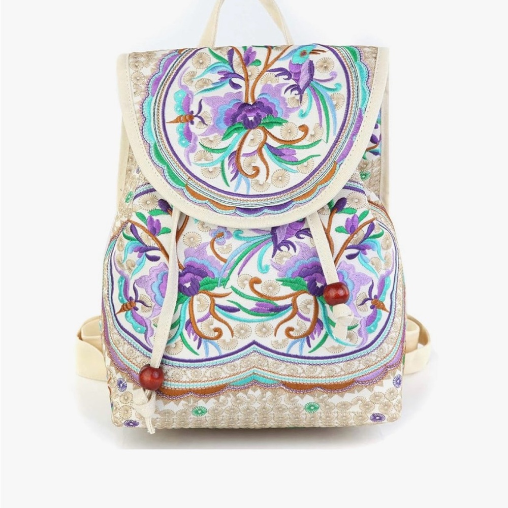Elegant Floral Embroidered Backpack - Cream and Purple